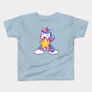 Cute Unicorn Flying With Star And Rainbow Cloud Cartoon Kids T-Shirt